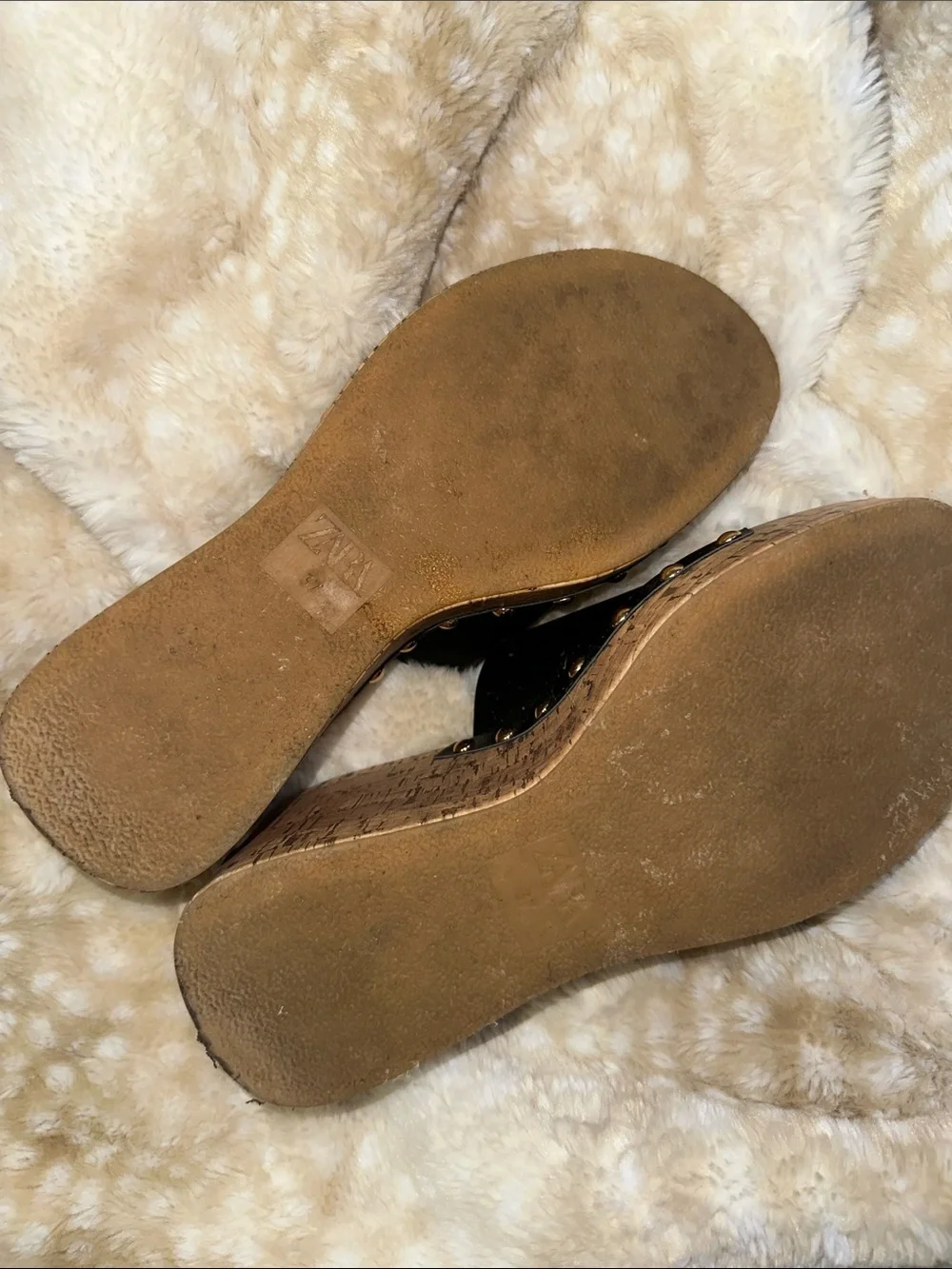 Zara Black Leather Cork-Platform Wedge Slides with Gold Studs